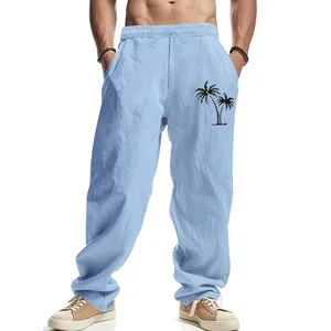 Light blue linen loose wide-leg pants for men featuring a tropical palm tree print