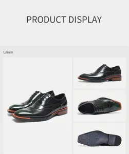 Detailed multi-angle display of dark green men's Oxford shoes with shiny leather finish.