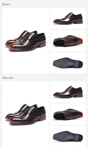 Close-up views of professional men's leather Oxford shoes in brown and wine red