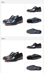 Detailed views of men's formal leather Oxford shoes in blue and black colors for business