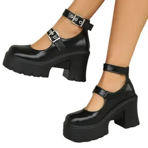 Eleganti scarpe Mary Jane nere con plateau, tacco spesso e cinturini con fibbia retro da donna.