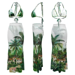 Tropical palm tree print bikini three-piece set with sheer mesh long beach skirt