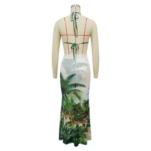 Back detail of women tropical palm print beach skirt set on dress form mannequin