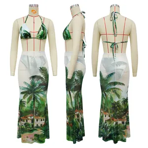 Detailed three-view shots of tropical palm print bikini and sheer maxi skirt beach cover-up set.