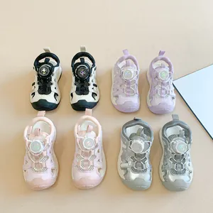 Children's closed-toe summer sandals displayed in pink, purple, grey, and black colors