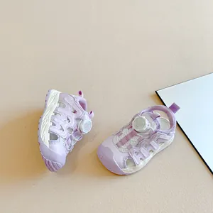 Purple children's closed-toe sandals with breathable mesh and dial closure