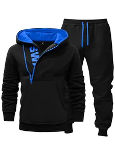 Men's black tracksuit with blue side zipper hoodie and jogger pants fleece set.