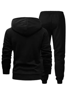 Back view of black men's hooded tracksuit showing fabric texture and ribbed cuffs