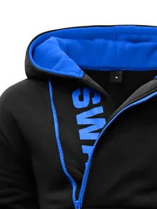 Close-up detail of men's black side zipper hooded sweatshirt with blue fleece lining