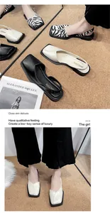 Detail shot of elegant women's square-toe slingback flats in white and zebra print.