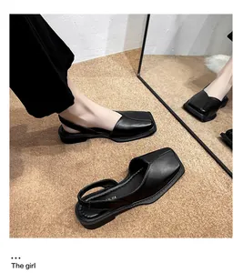 Close-up of black square-toe slingback sandals for women featuring an elastic back strap