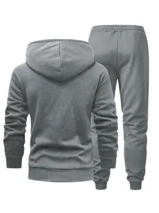Detailed back view of a gray men's hooded sweatshirt and jogger tracksuit set for winter