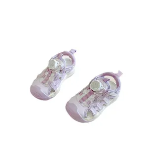 Fashionable purple children's closed-toe summer sandals with adjustable rotary knob closure