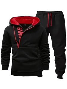 Men's casual tracksuit set featuring a black side-zipper hoodie and jogger pants.