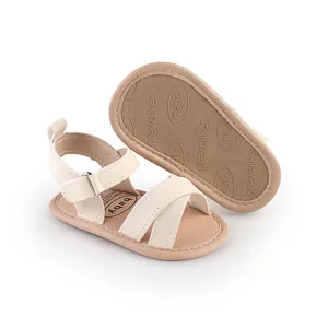 Macro view of beige baby prewalker sandals showing anti-slip sole and soft strap design