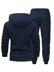 Back view detail of navy blue men's hooded fleece tracksuit set with elastic waist.