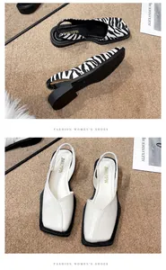 Detailed view of women's square toe zebra print and white slingback flats