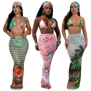 Women Sexy Tropical Printed Halter Top And Bottom With Mesh Maxi Skirt Beachwear Resort Style Bikini Suit