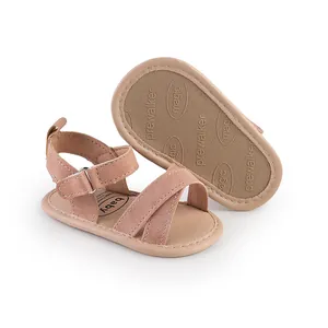 Detailed view of dusty pink baby summer pre-walker sandals with soft soles
