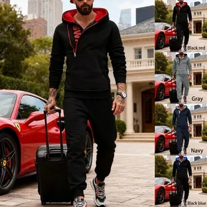 Men's Casual Polyester Fleece Tracksuit Hooded Side Zipper Sweatshirt Top And Bottom Sporty Urban Warm Jogging Set For Winter