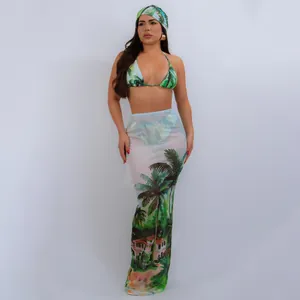 Tropical palm print 3-piece bikini set with matching mesh maxi skirt and headscarf