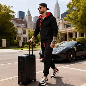 Stylish men's black zip-up hoodie and sweatpants tracksuit set with red contrast accents