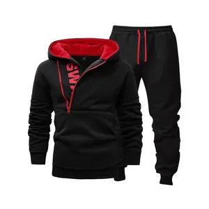 Men's black casual tracksuit with side zipper and red hooded fleece lining