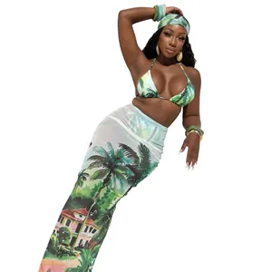 Three-piece sexy bikini swimwear set with tropical print headscarf and mesh beach skirt