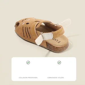 Children's closed-toe suede sandals with cartoon cat design and velcro strap