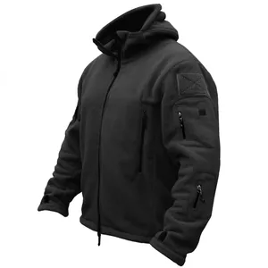 Men's Outdoor Tactical Polar Fleece Hooded Jacket Full Zip Warm Solid Color Multi-pocket Casual Sweatshirt Top