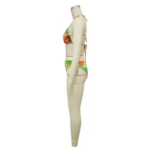 Side profile of a two-piece bikini featuring a colorful tropical palm tree print design