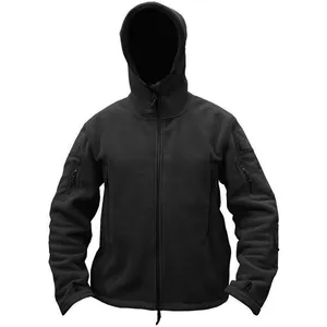 Premium men's outdoor warm polar fleece tactical hooded jacket in solid black color