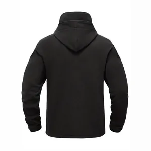 Back view of men's solid black outdoor warm fleece hooded jacket