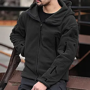 High-quality men's tactical outdoor thermal fleece hooded jacket in solid charcoal grey