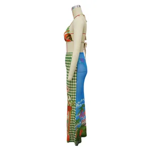 Side view of a sexy bikini top and tropical print maxi skirt set for beach vacation