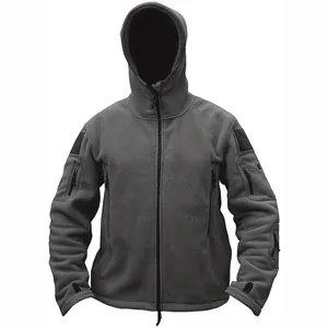 Men's outdoor warm polar fleece hooded jacket in solid grey color with tactical pockets