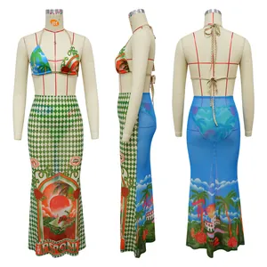 Detailed three-angle view of tropical print bikini and mesh maxi skirt set for beachwear.