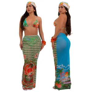 Sexy tropical print bikini and matching green checkered mesh beach maxi skirt set for women