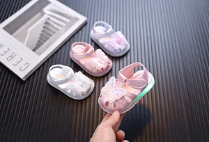 Detailed view of LED light-up baby sandals featuring sequined butterfly decorations