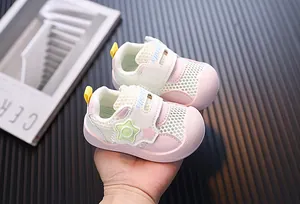 Breathable pink mesh toddler sneakers with star detail and soft flexible walking sole