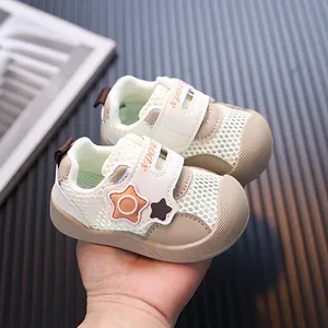 Breathable mesh baby walking shoes with soft sole for toddlers in beige and brown