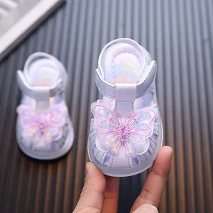 Cute light-up baby girl sandals with sequin butterfly decoration for summer princess style