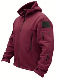 Men's burgundy warm fleece hooded tactical jacket featuring multiple zipper pockets.