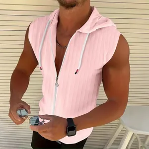 Detail of men's pink sleeveless hooded cardigan with textured jacquard fabric