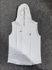 Full view of a white textured sleeveless hoodie with a front zipper on a gray background.