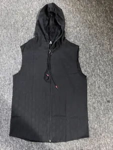 Front view of men's black jacquard hooded sleeveless vest showing texture