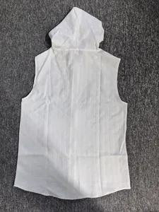 White men's sleeveless hooded vest with a detailed textured jacquard square pattern