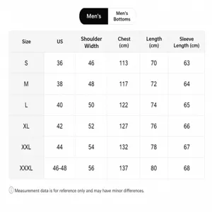 Detailed size chart for men's outdoor hooded sweatshirt set including all measurements