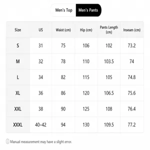 Detailed size chart for men's outdoor star sports hoodie and pants tracksuit set