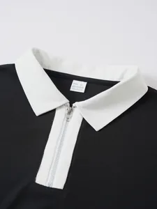 Nahaufnahme des Poloshirt-Kragens mit weißem Reißverschluss und schwarzem Strukturstoff